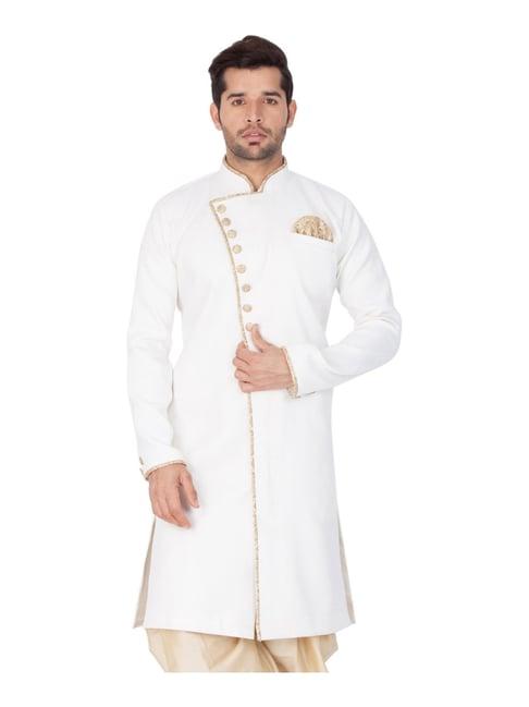 vastramay white cotton regular fit sherwani