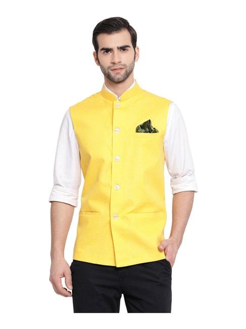 vastramay-yellow-cotton-straight-fit-nehru-jacket