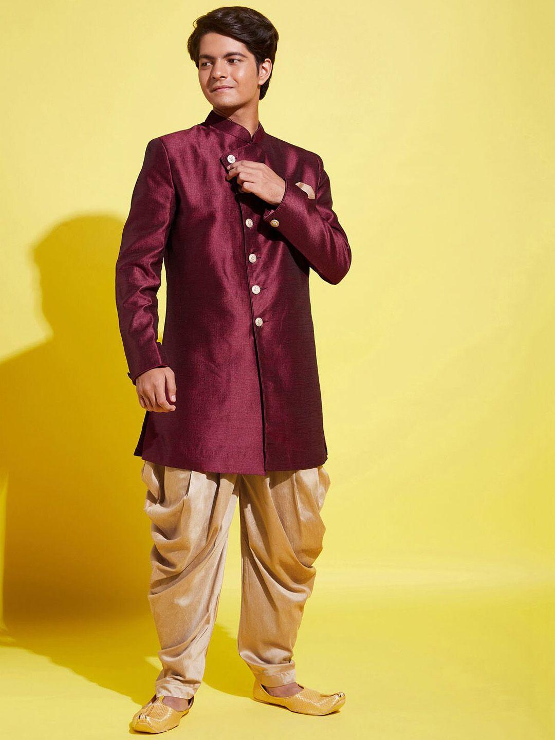 vastramay yuva boys maroon & gold-toned solid slim-fit sherwani set