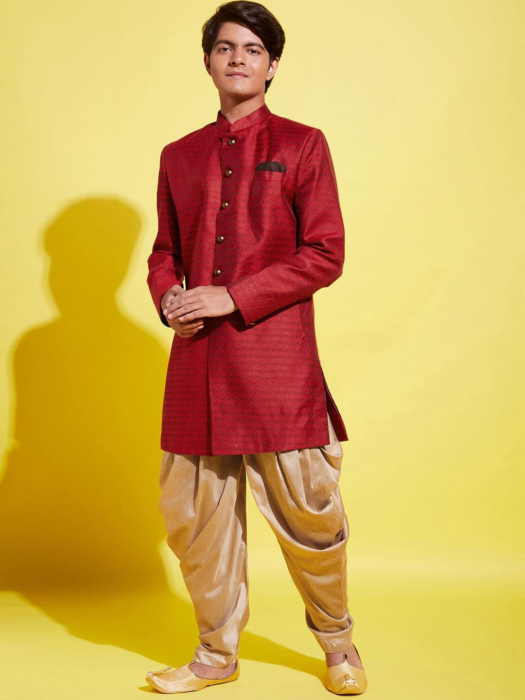 vastramay yuva boys maroon solid slim-fit sherwani with golden dhoti pants