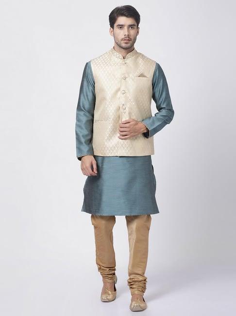 vastramay aqua & beige straight fit printed kurta set with jacket