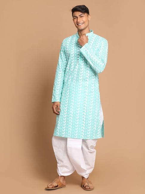 vastramay aqua & white regular fit cotton kurta & dhoti pants set