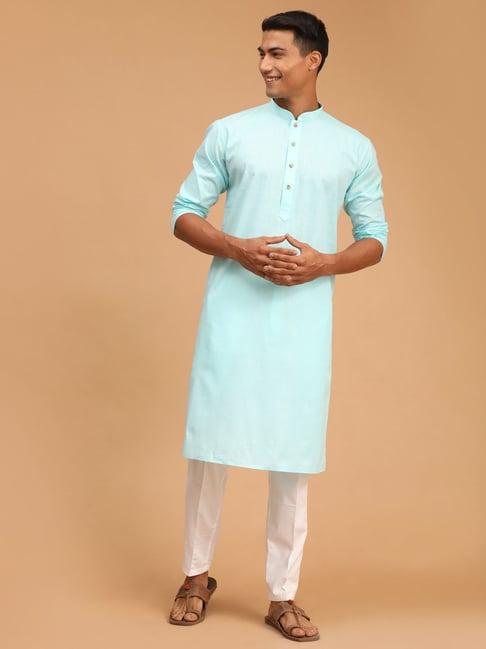 vastramay aqua & white regular fit cotton linen kurta & pants set