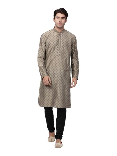 vastramay beige & black cotton straight fit printed kurta churidar set