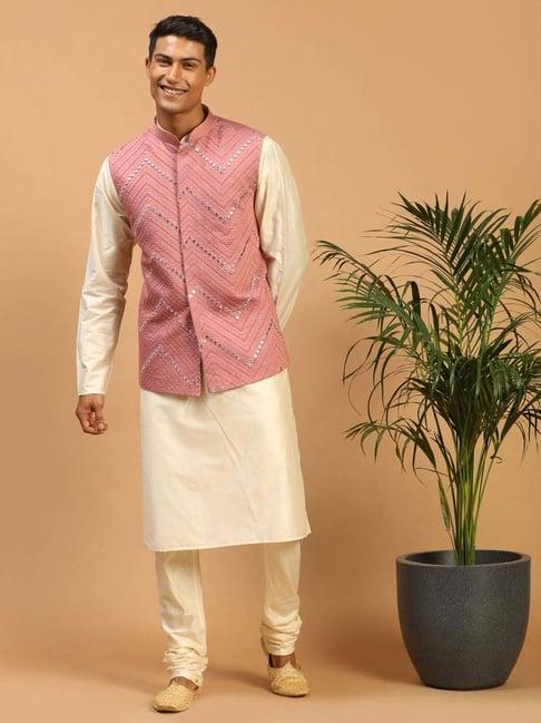 vastramay beige & pink regular fit embroidered kurta bottom set