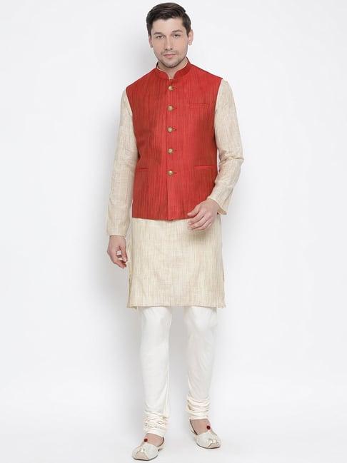 vastramay beige & red cotton straight fit self pattern kurta set with jacket