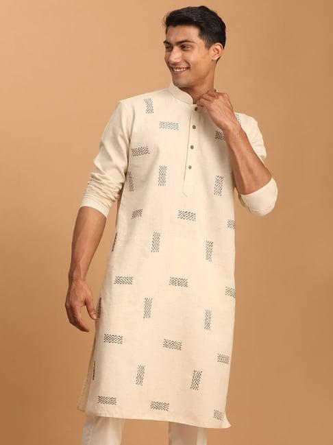 vastramay beige cotton regular fit embroidered kurta