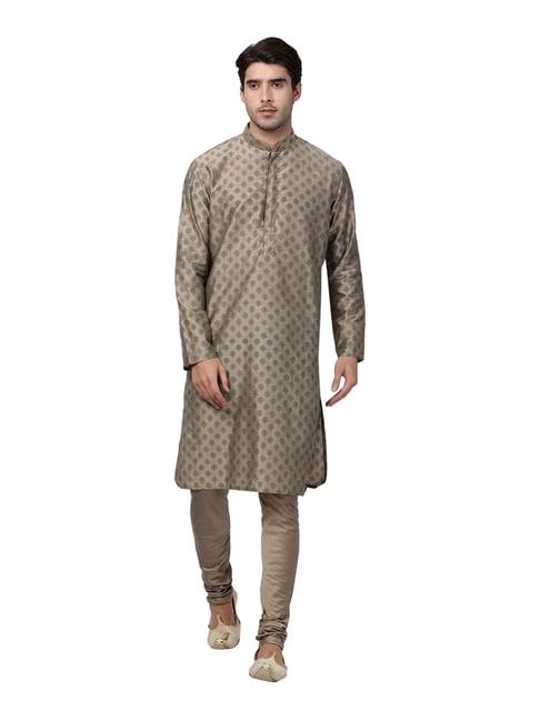 vastramay beige cotton straight fit printed kurta churidar set