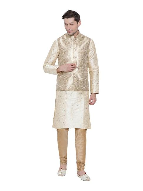 vastramay beige straight fit self pattern kurta churidar with jacket