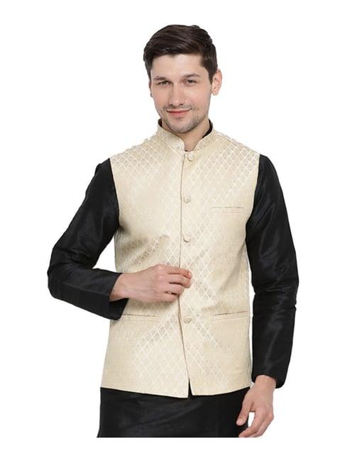 vastramay beige straight fit self pattern nehru jacket
