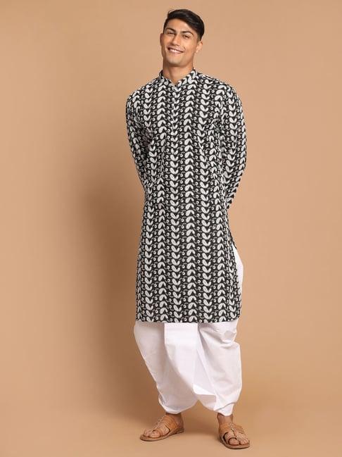 vastramay black & white regular fit cotton kurta & dhoti pants set