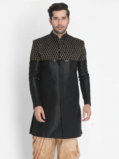 vastramay black comfort fit striped sherwani only top