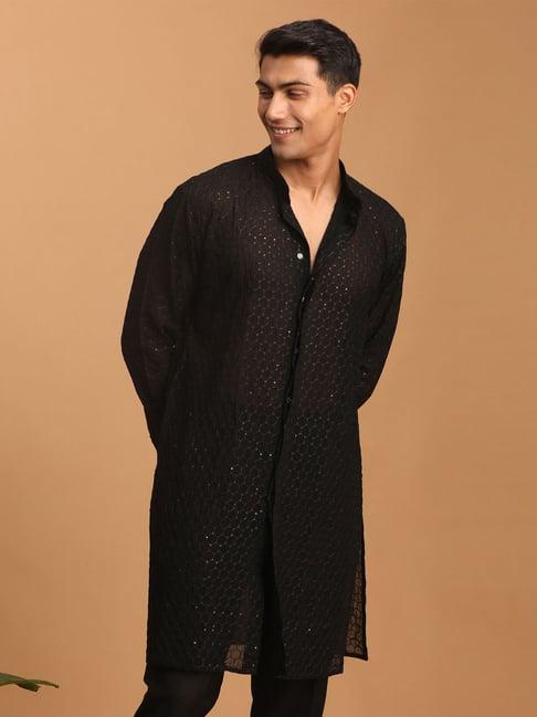 vastramay black regular fit embroidered kurta