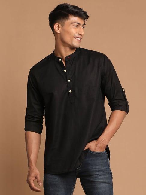 vastramay black regular fit mandarin collar short kurta