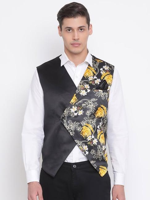 vastramay black straight fit floral print waistcoat