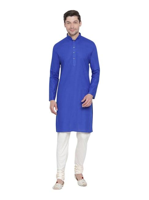 vastramay blue & cream cotton linen straight fit kurta churidar set