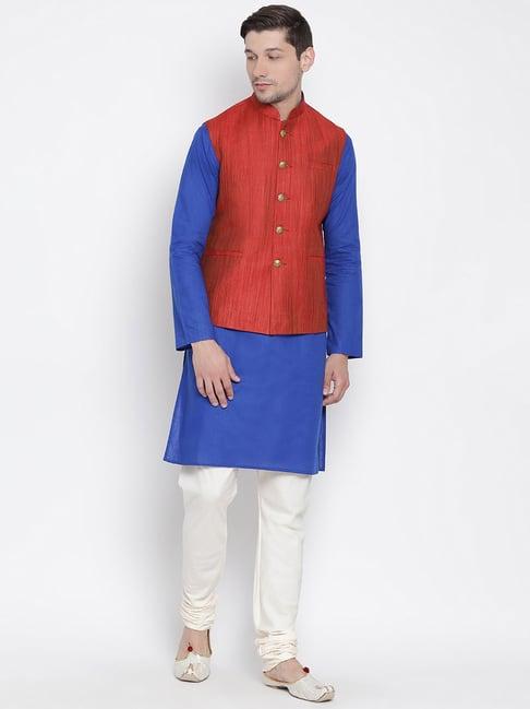 vastramay blue & red linen straight fit self pattern kurta set with jacket