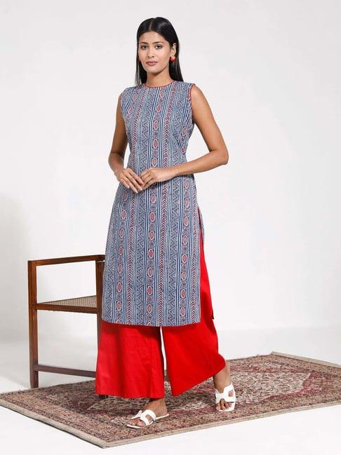 vastramay blue & red printed kurta palazzo set