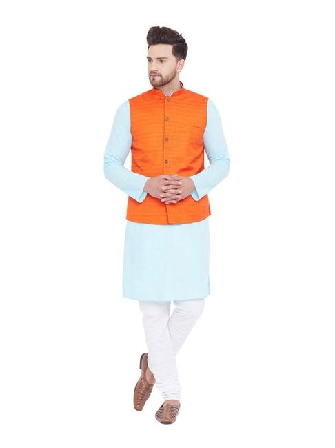 vastramay blue & white cotton regular fit kurta churidar with jacket