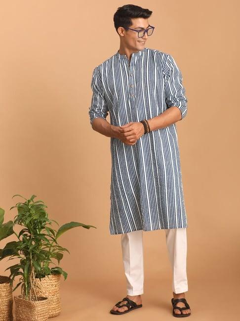 vastramay blue & white cotton regular fit striped kurta bottom set