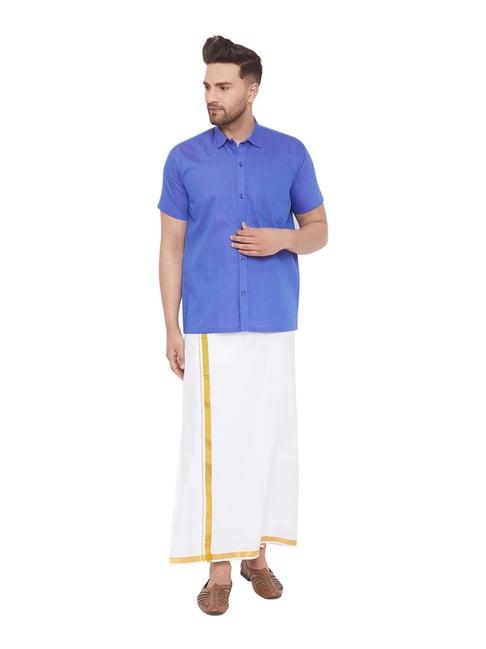 vastramay blue & white cotton straight fit shirt & mundu set