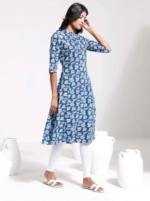 vastramay blue & white printed kurta leggings set