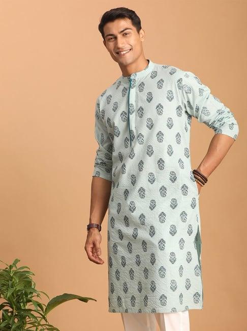 vastramay blue cotton regular fit floral print kurta