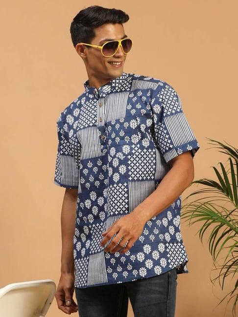 vastramay blue cotton regular fit printed short kurta