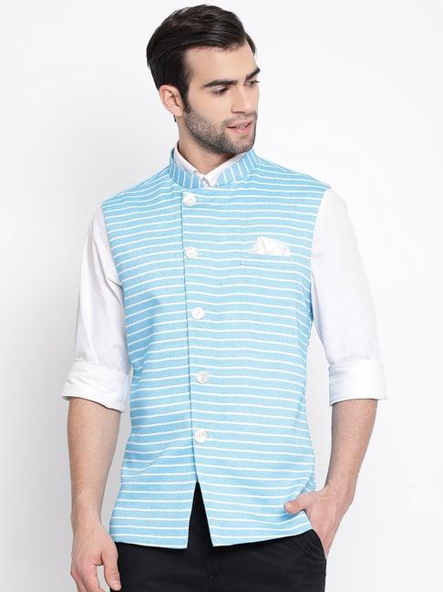 vastramay blue cotton straight fit striped nehru jacket