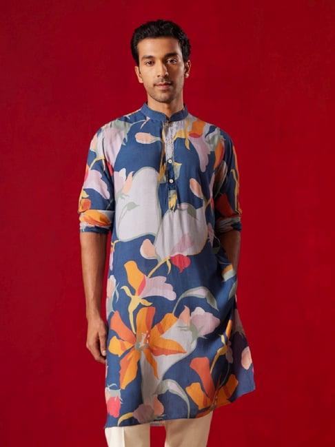 vastramay blue regular fit floral print kurta