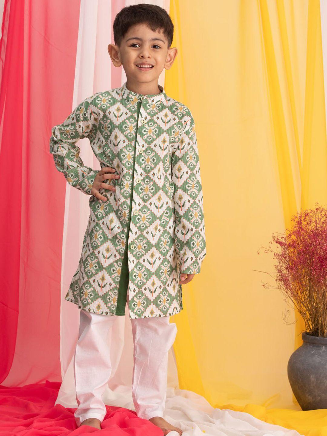 vastramay boys band collar ethnic motifs printed regular kurta with pyjamas