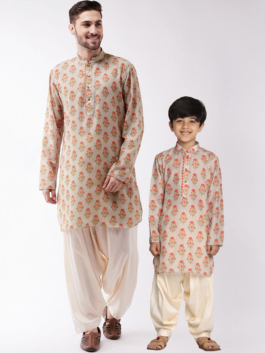 vastramay boys beige & cream-coloured ethnic motifs printed kurta with salwar
