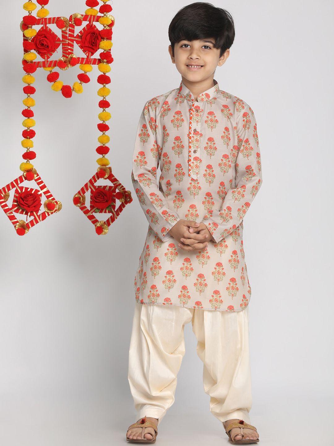 vastramay boys beige & cream ethnic motifs printed regular kurta with salwar