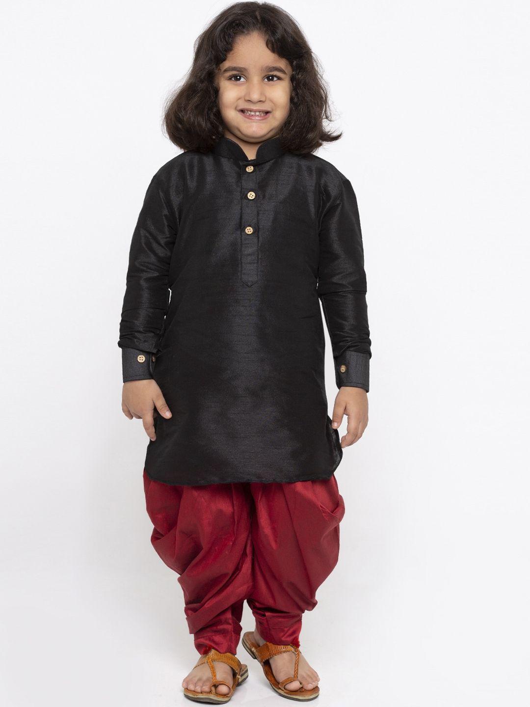 vastramay boys black and maroon silk blend kurta and dhoti set