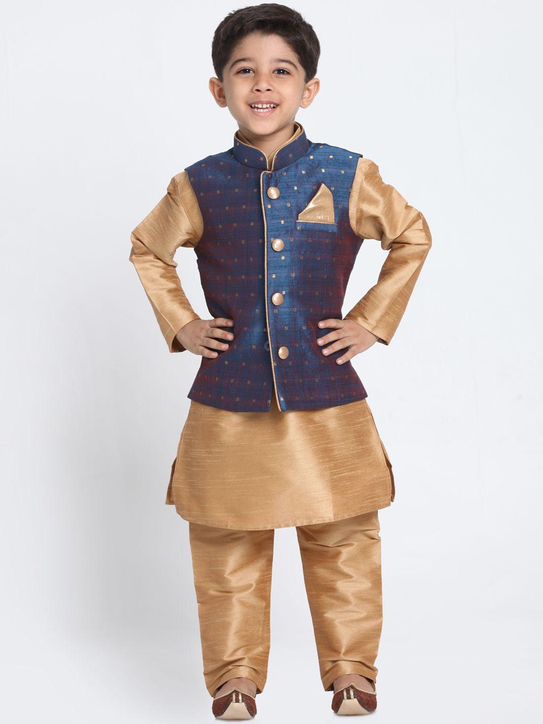 vastramay boys brown & blue solid kurta with churidar & jacket