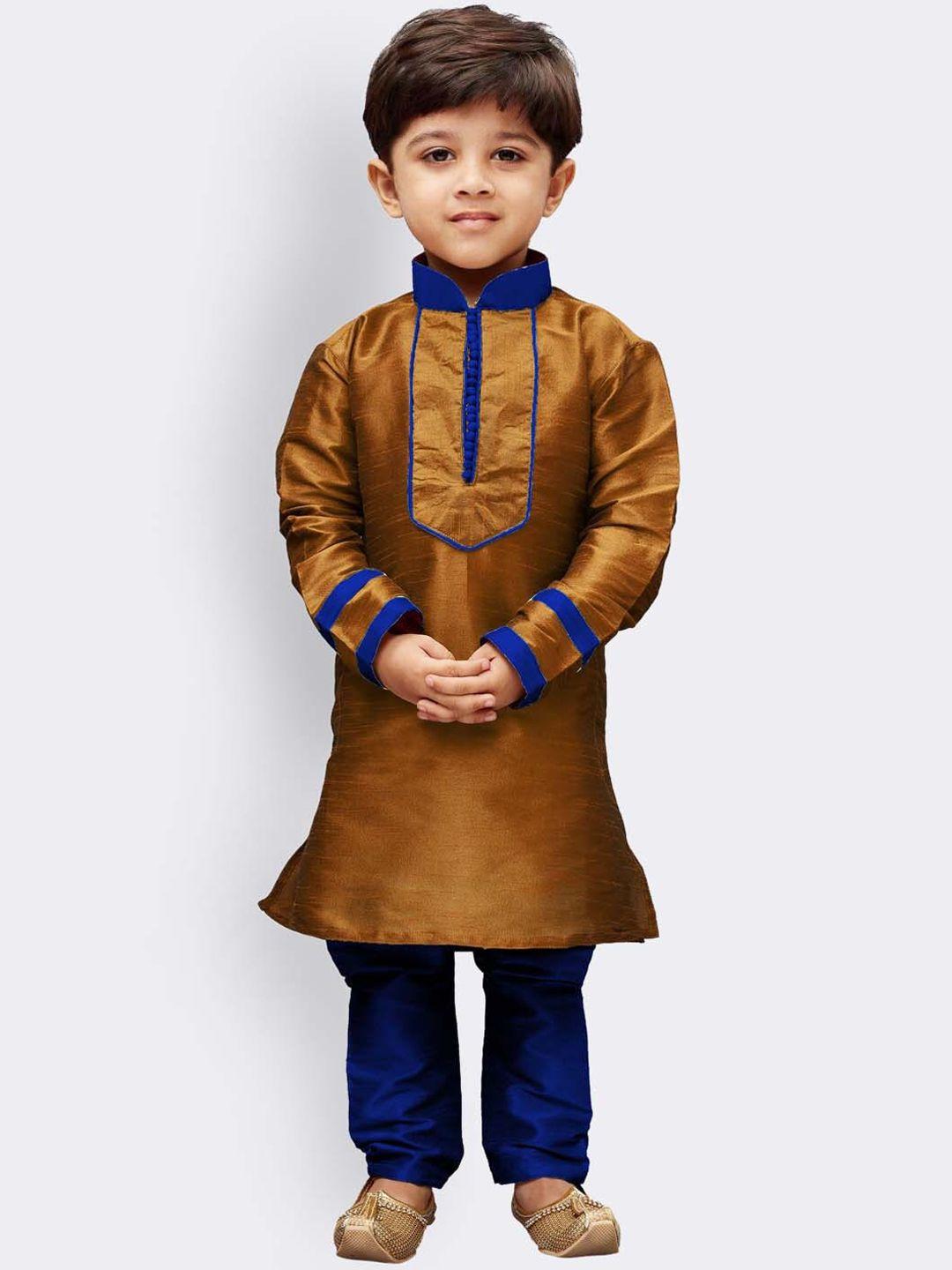 vastramay boys coffee brown & navy blue silk blend kurta with pyjamas