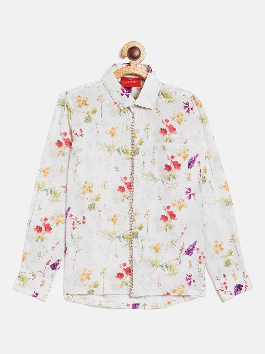 vastramay boys cream-coloured & red floral opaque printed shirt