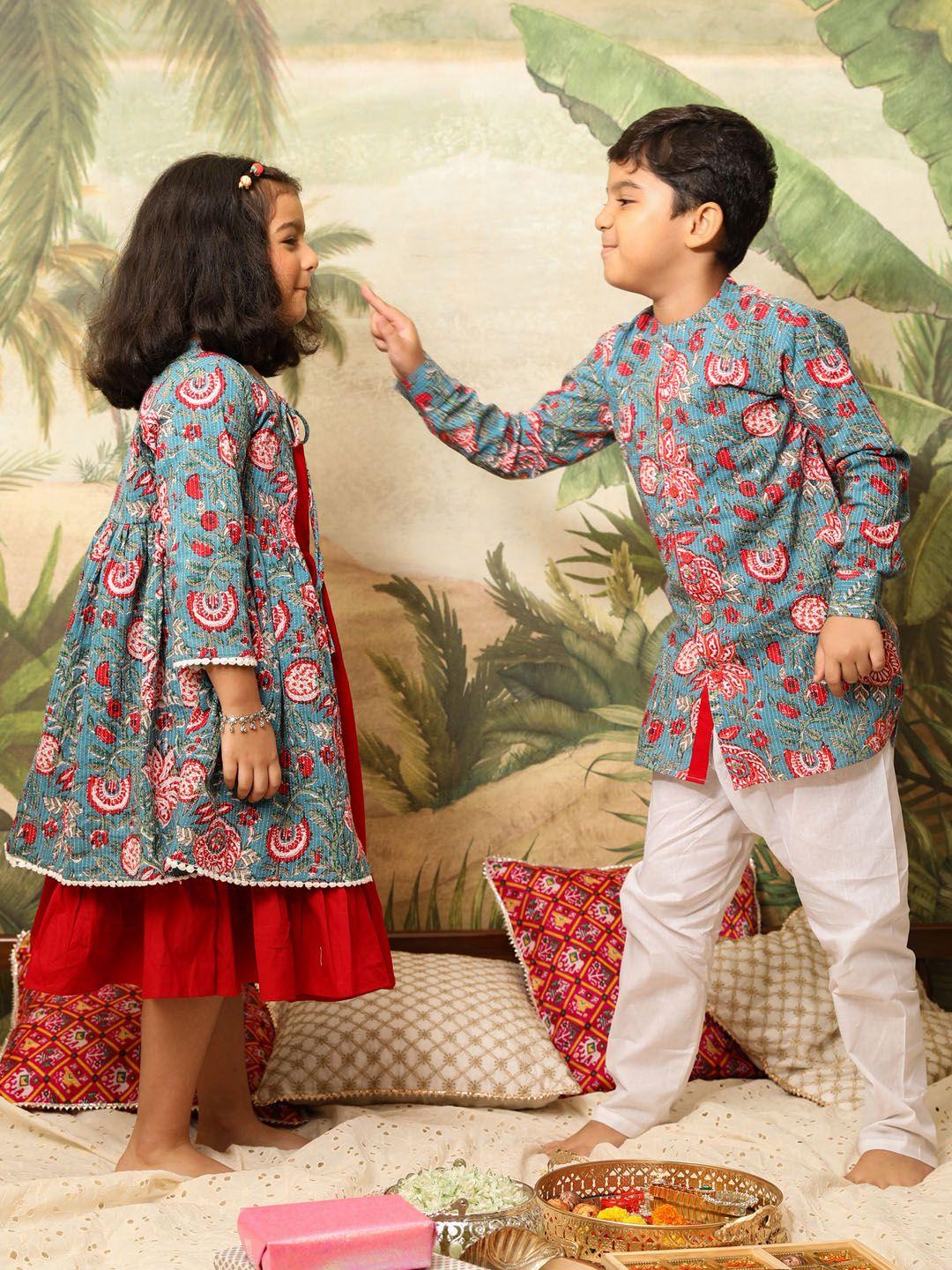vastramay boys floral printed band collar regular pure cotton kurta set