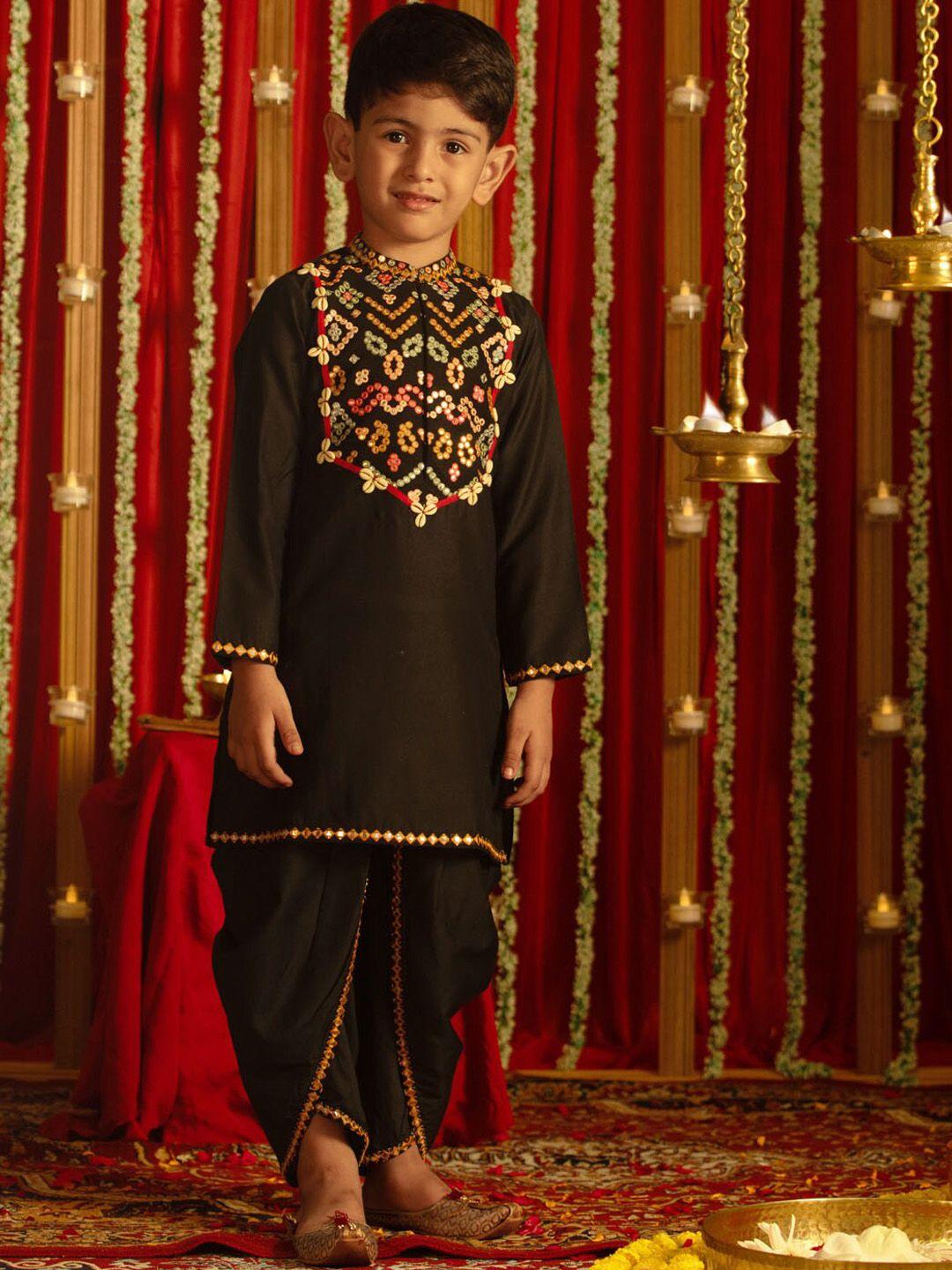 vastramay boys floral yoke design regular thread work kurta with dhoti pants