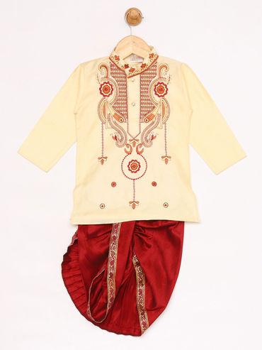vastramay boys gold and maroon cotton blend kurta and dhoti (set of 2)
