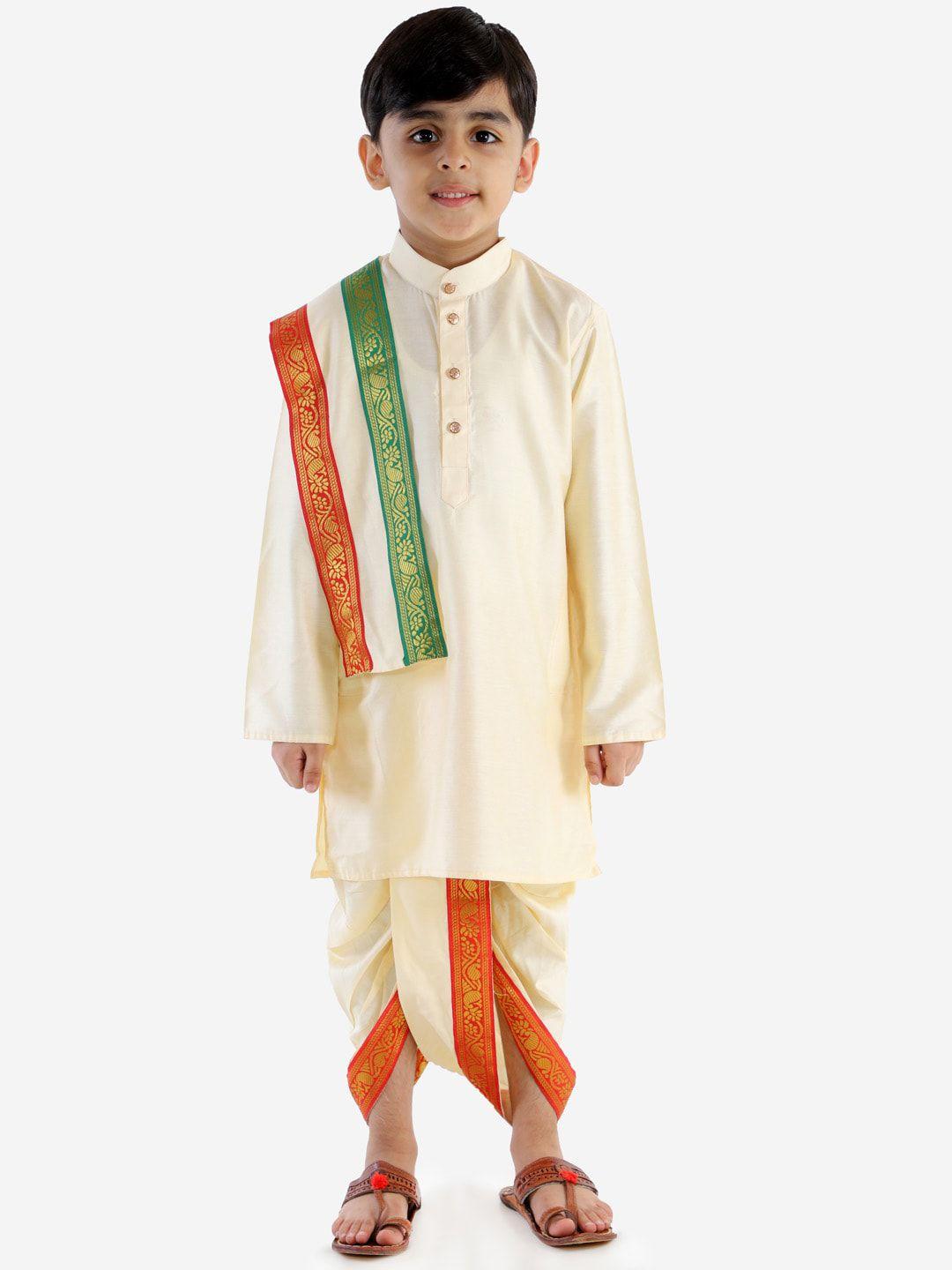 vastramay boys gold-toned ethnic motifs regular kurta with dhoti pants with dupatta set
