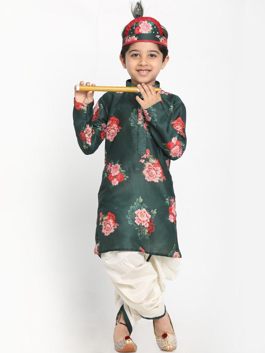 vastramay boys green floral printed kurta with dhoti pants
