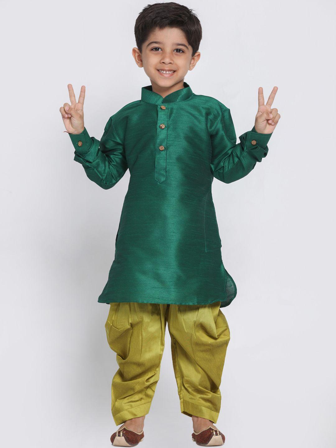 vastramay boys green self design cotton silk kurta with dhoti pants