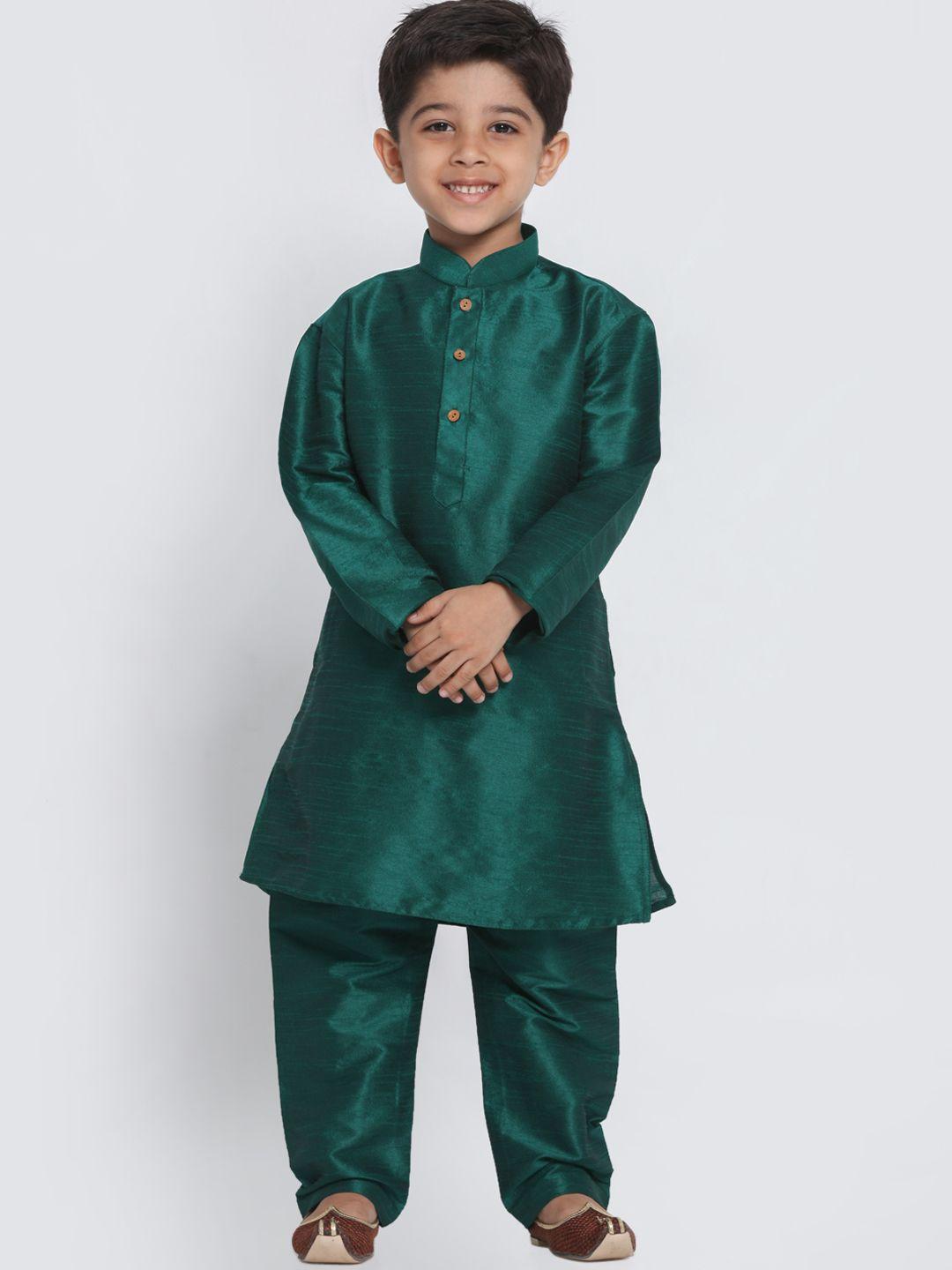 vastramay boys green solid cotton silk kurta with churidar