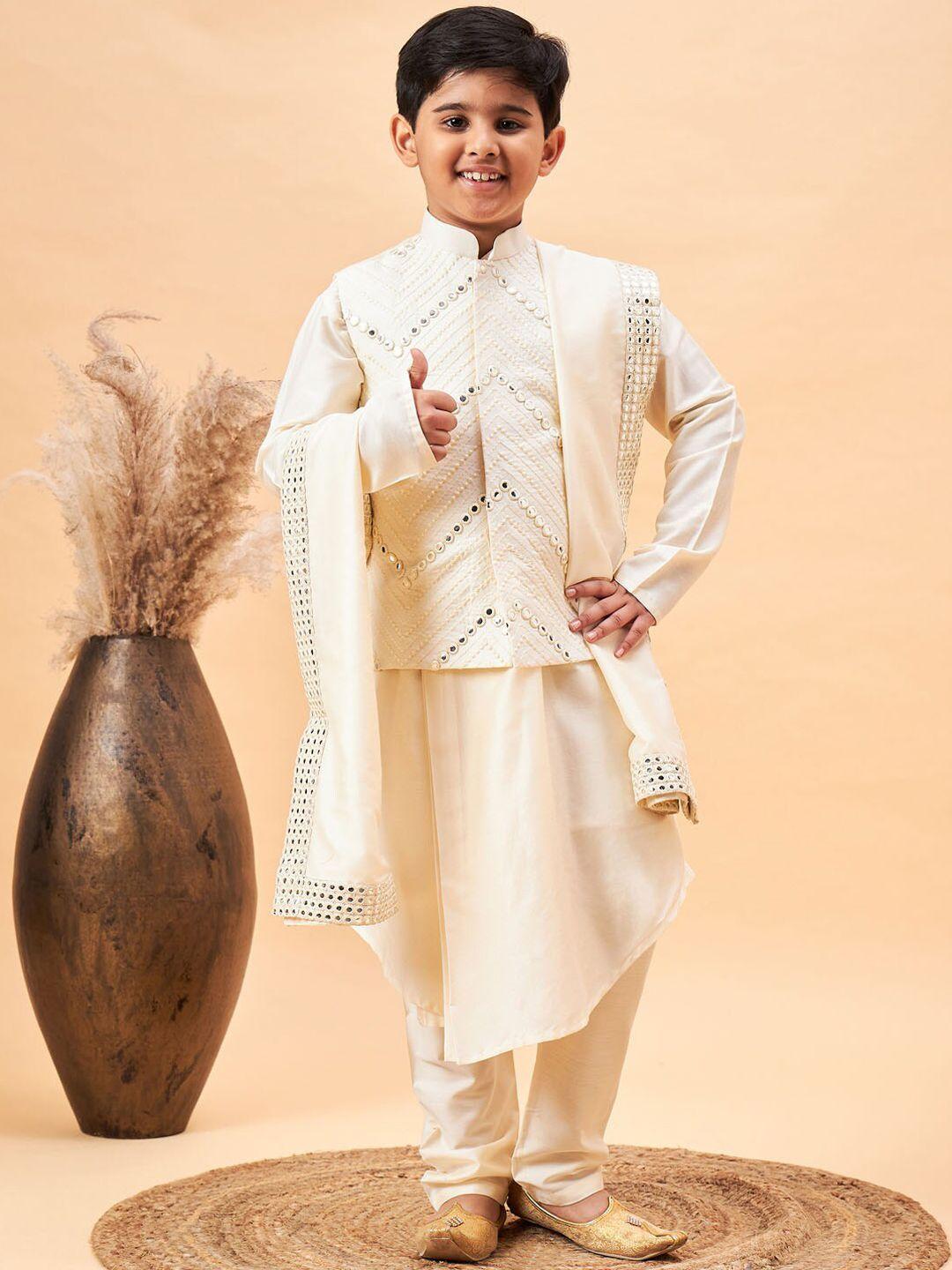 vastramay boys mandarin collar mirror work straight kurta with pyjamas & dupatta set