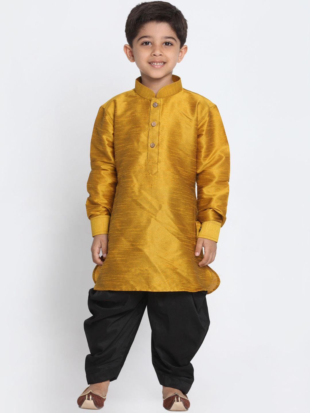 vastramay boys mustard yellow & black solid cotton silk kurta with dhoti pants