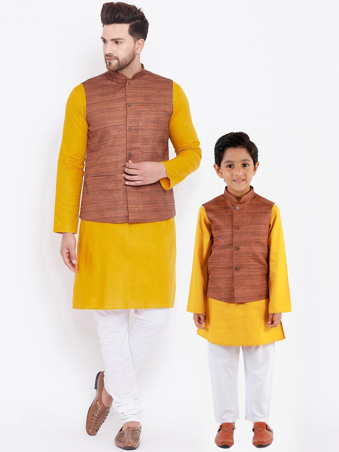 vastramay boys mustard yellow & coffee brown kurta with pyjamas & nehru jacket