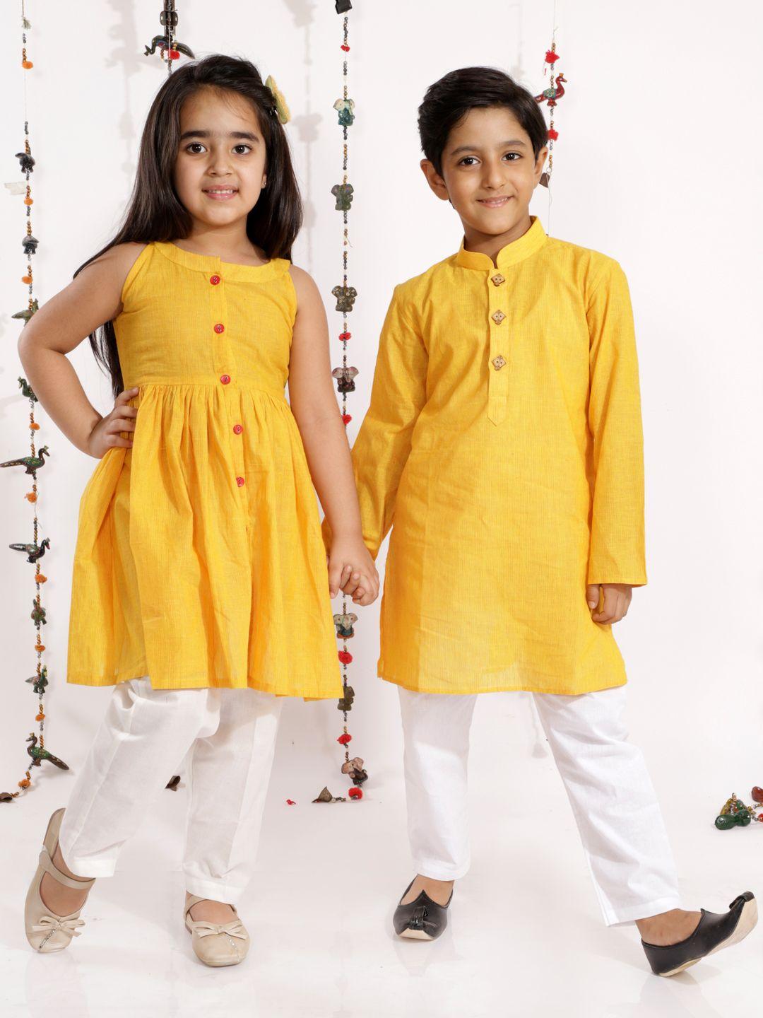 vastramay boys mustard yellow pure cotton handloom kurta with trousers