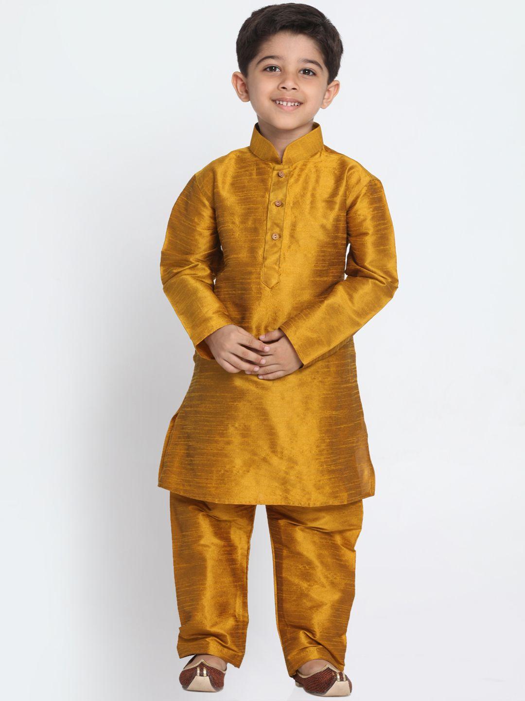 vastramay boys mustard yellow solid cotton silk kurta with churidar