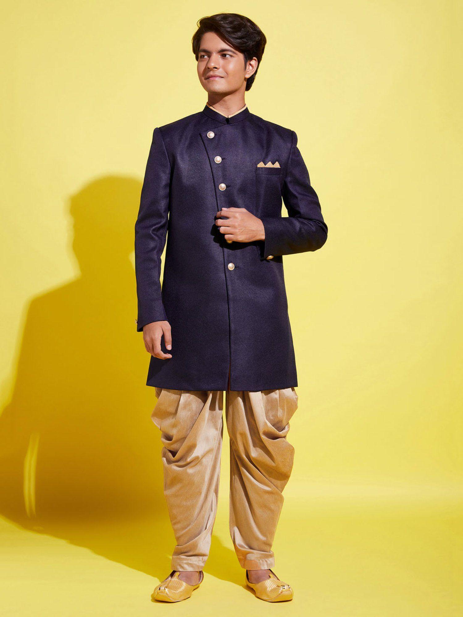 vastramay boys navy blue & rose gold sherwani & dhoti (set of 2)